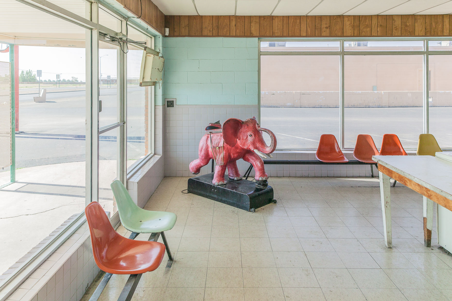 Pink elephant coin operated ride inside laundromat in Roswell, New Mexico by David Zaitz