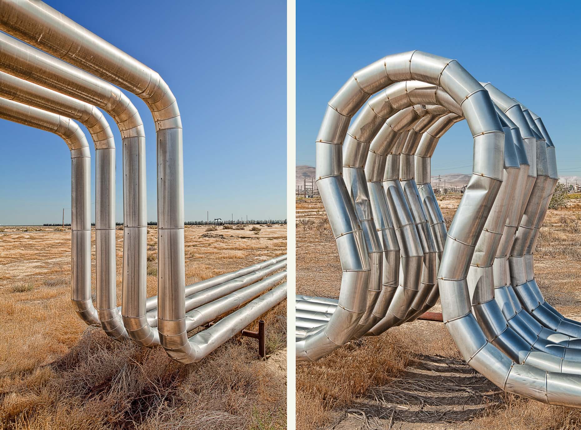 Metal pipes in interesting shapes in oil field, Kern County, California. Industrial. David Zaitz Photography.