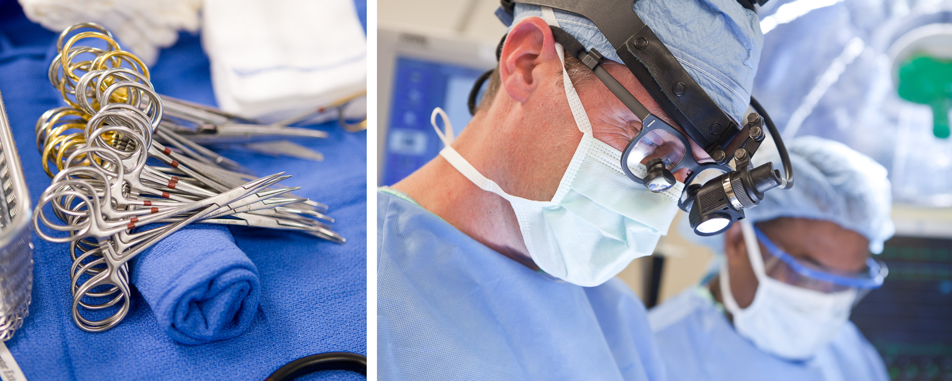 Surgical instruments on operating room tray and close up of surgeon during operation in hospital. Medical, healthcare. David Zaitz Photography.