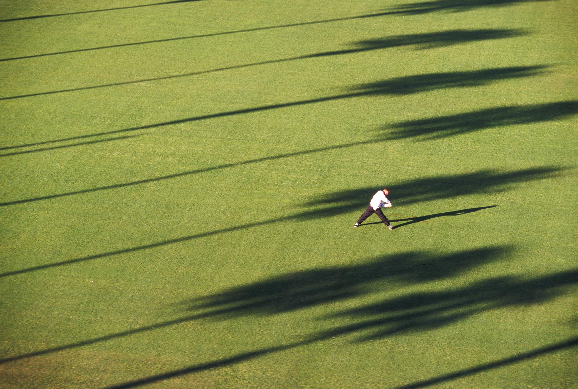 Person doing work out stretch on grass lawn with shadows of palm trees. Fitness. David Zaitz Photography.