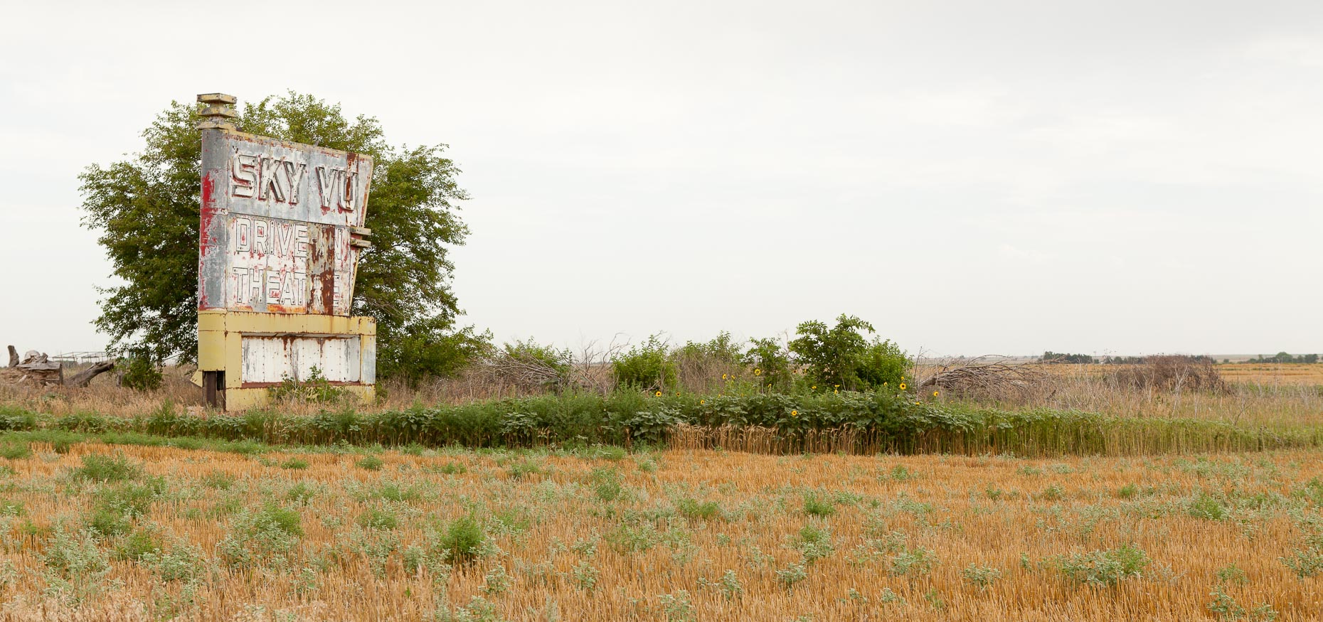 Sign for SKY VUE drive in theater closed, abandoned in Russell, Kansas by David Zaitz