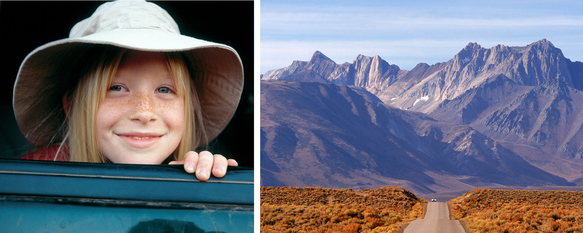 Diptych consisting of two images: girl wearing hat looking out card window paired with car on long road leading to dramatic mountain range in Owens Valley, California by David Zaitz