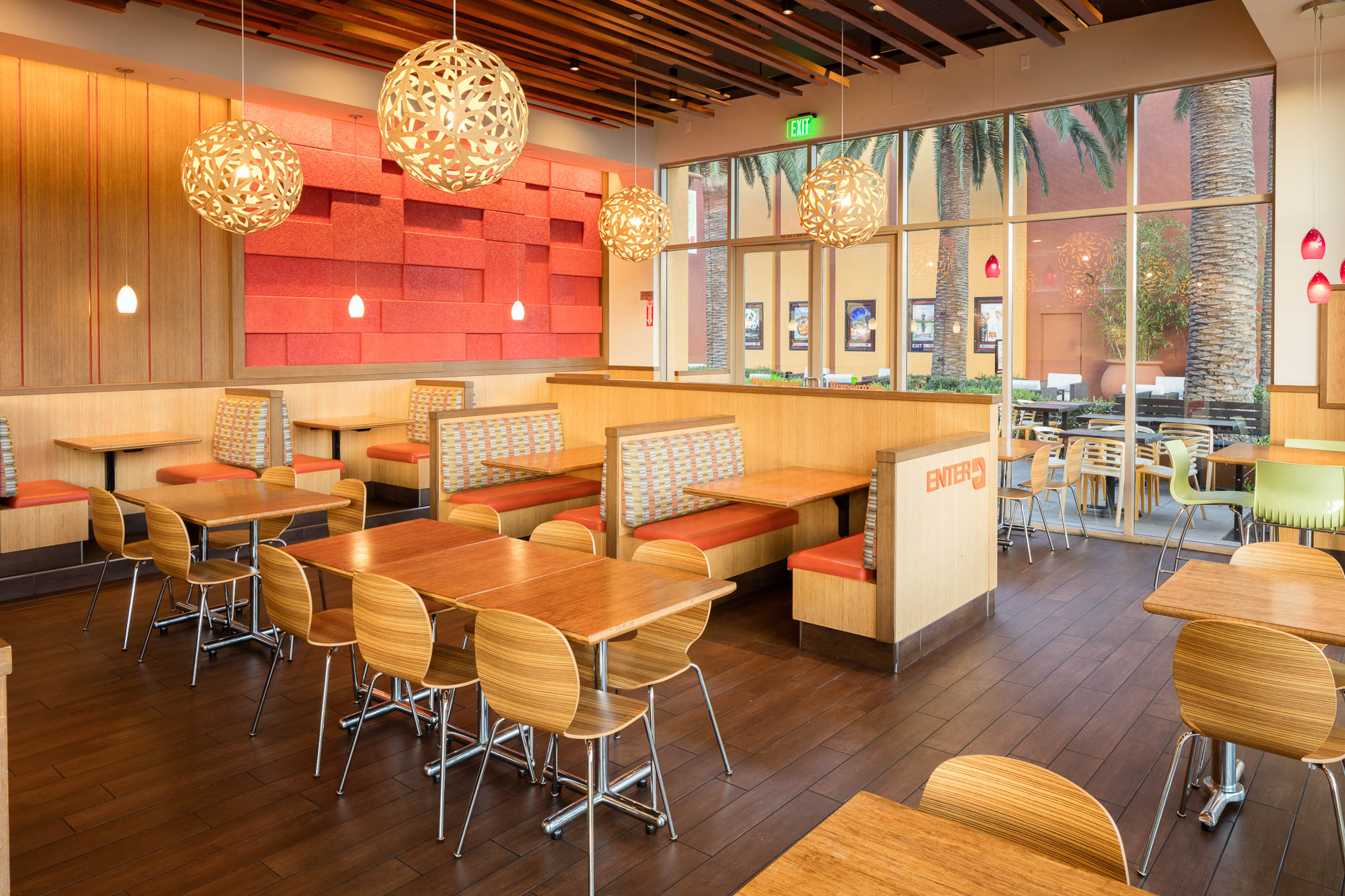 Interior architecture photography of commercial restaurant Veggie Grill in Los Angeles, California.