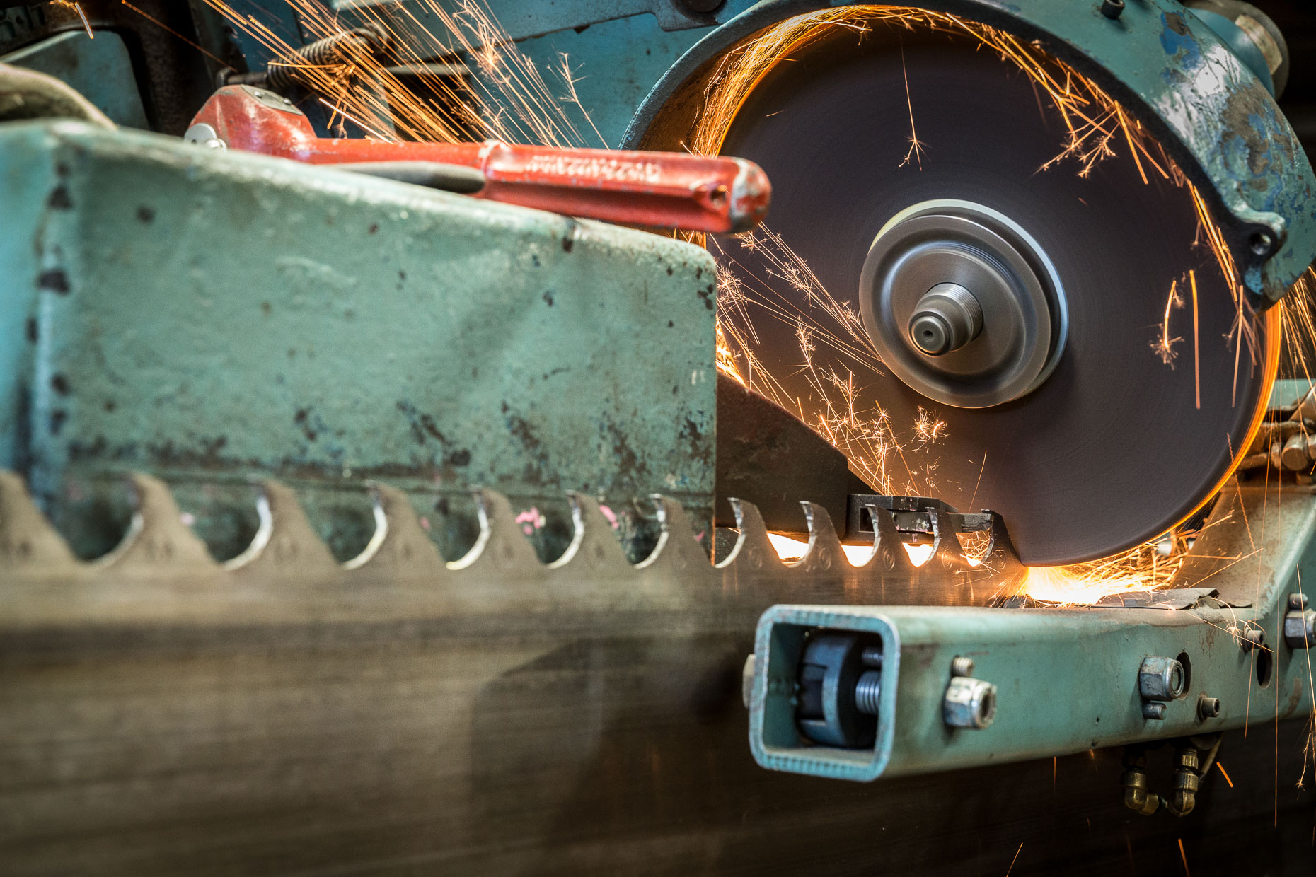 Detail of saw blade grinder sharpener Malheur Lumber Company mill in John Day, Oregon by David Zaitz.