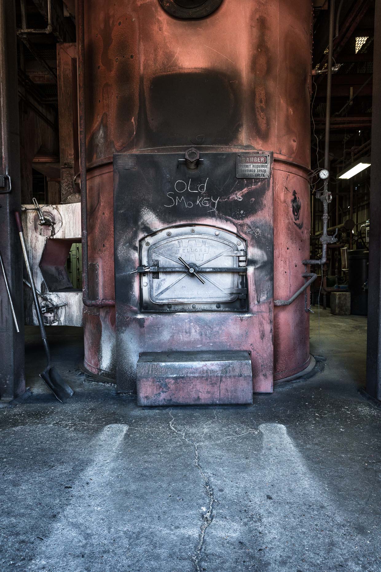 Furnace burner in factory with OLD SMOKEY written on it, Malheur Lumber Company mill in John Day, Oregon by David Zaitz.