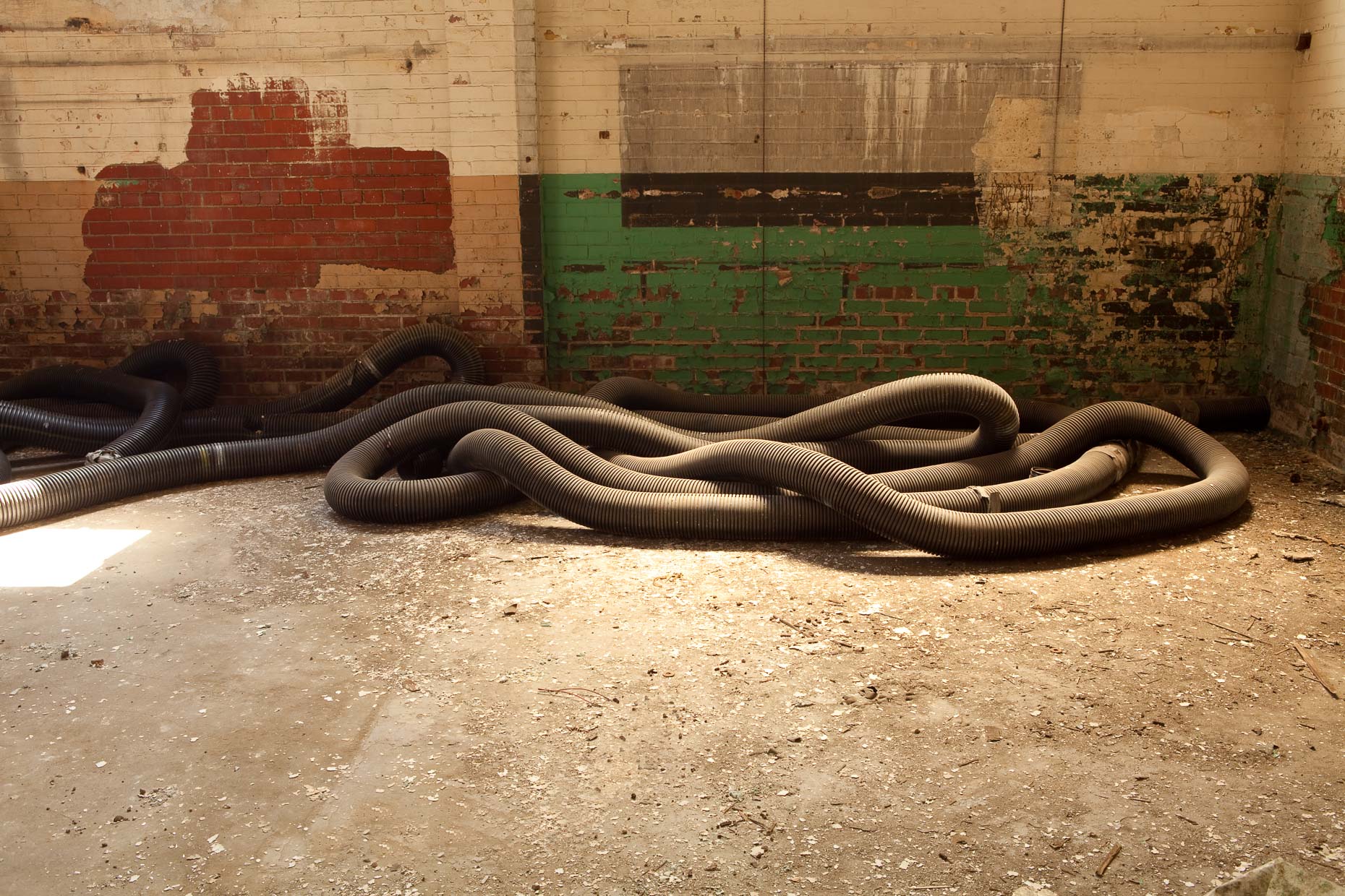 Coils of flexible black pipe on floor of abandoned factory by David Zaitz